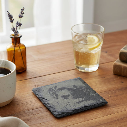 Personalisierte Schiefer-Untersetzer mit Lasergravur – Foto, Logo oder Wunschtext (⌀ ca. 10cm)